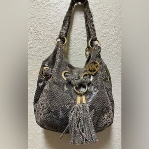 Michael Kors Python Leather Hobo Handbag Braided Shoulder Straps Gold Hardware